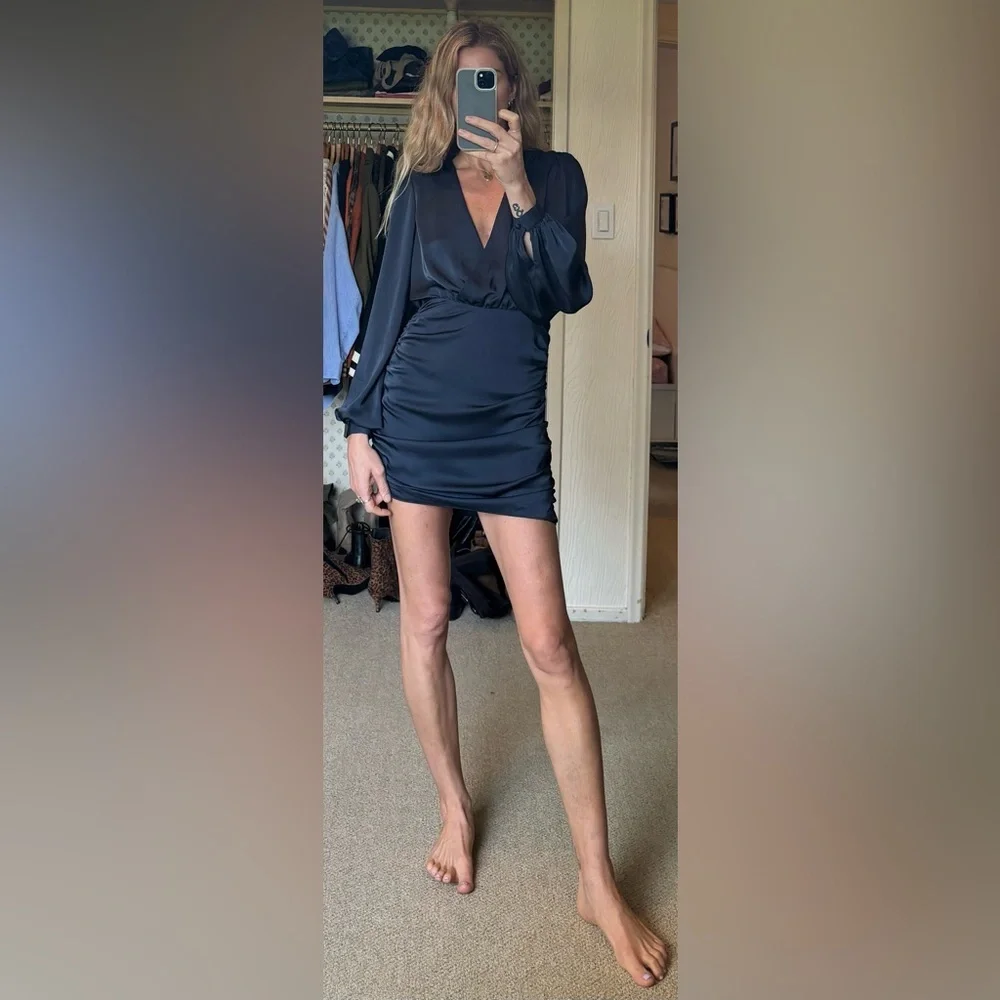 Ramy Brook Foxy Satin Navy Blue Ruched Long Sleeve V Neck Side Zip Mini Dress - Picture 5 of 15